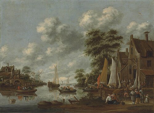 River landscape with ferry boats and other vessels, figures disembarking by an inn, 1677, Thomas Heeremans