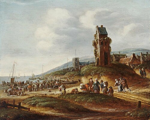 Fishermen unloading their catch at the beach near Egmond, 1677, Thomas Heeremans