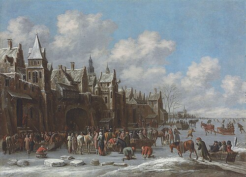 Winter landscape with villagers on a frozen lake outside a town, 1681, Thomas Heeremans