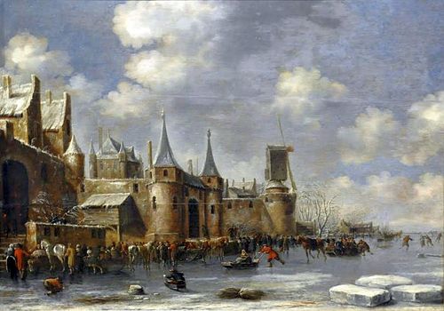 Les patineurs en dehors des murs de la ville., 1660, Thomas Heeremans