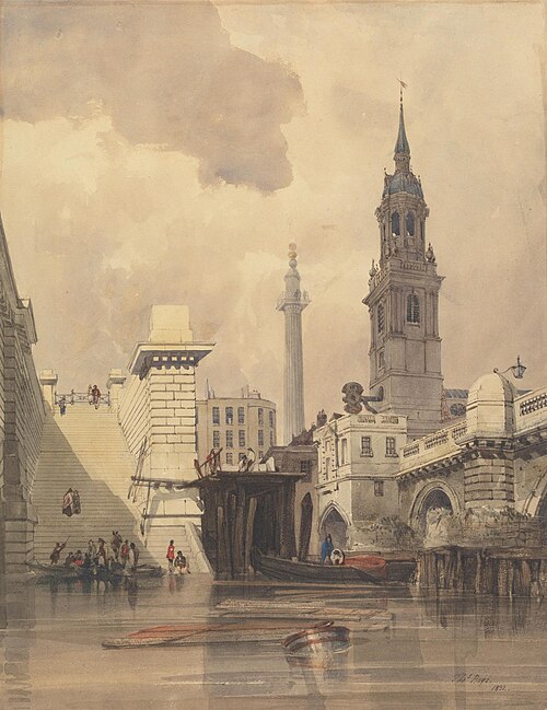 The Church of St. Magnus the Martyr, London Bridge, with the Monument in the Background, 1832, Thomas Shotter Boys
