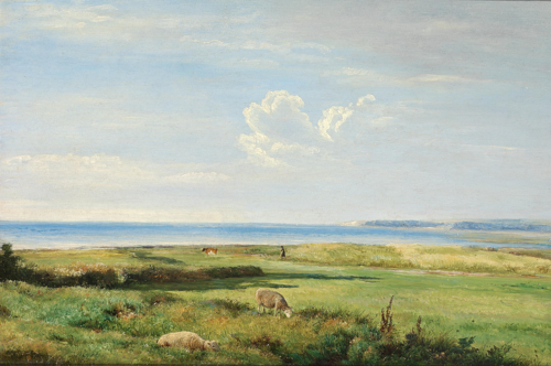 Sheep grazing on a meadow near the coast., 1850, Thorald Brendstrup