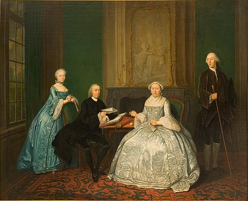 Portrait of Johannes Westrik (1720-1763), Agnisa van Marken (1718-1785) and their two children, 1762, Tibout Regters