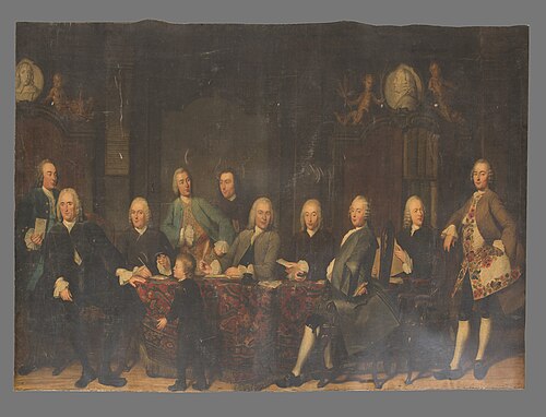 Group portrait of the governors, the secretary, the accountant and an orphan of the Aalmoezenierswee, 1751, Tibout Regters