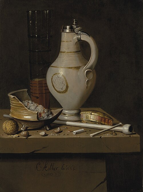Toebackje, still life of smoking utensils, 1664, Edwaert Collier