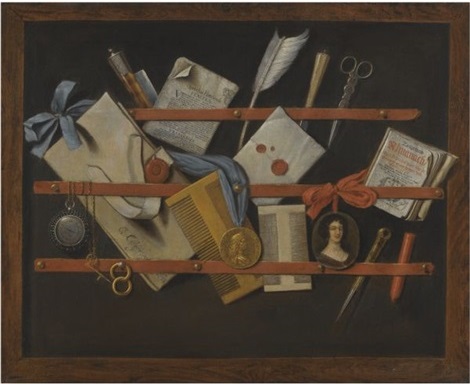 Trompe l'oeil still-life of a letter rack, 1684, Edwaert Collier