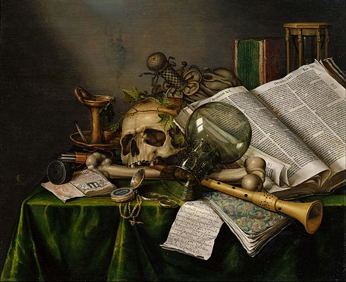 Vanité aux livres et manuscrits et au crâne, 1663, Edwaert Collier