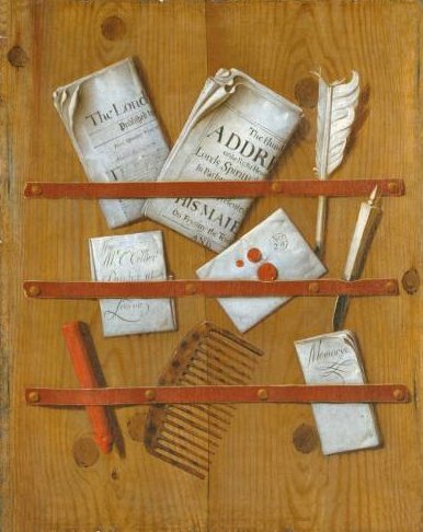Journaux, Lettres et Instruments d'écriture sur une planche en bois, 1699, Edwaert Collier