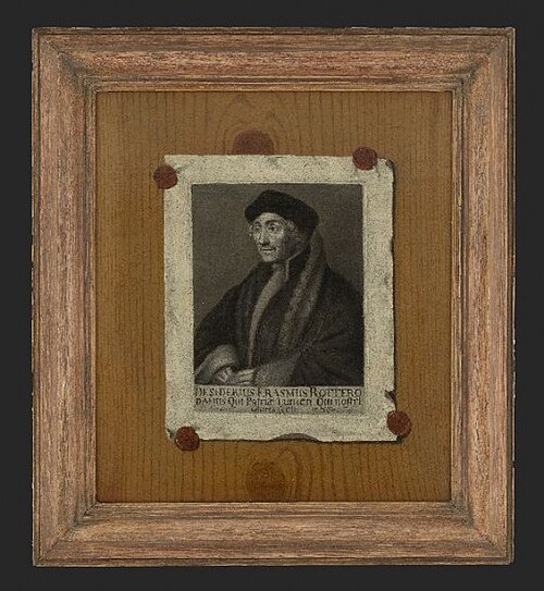 Trompe L’oeil still life of an engraving with a portrait of Desiderius Erasmus (1466-1536) affixed t, 1695, Edwaert Collier