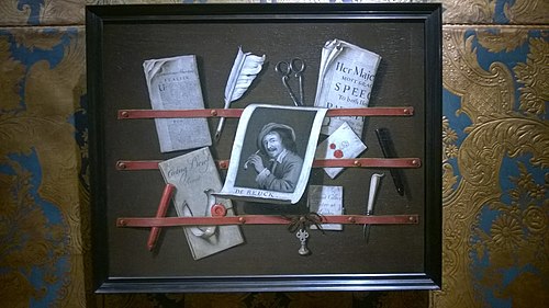 A trompe l'oeil of a letter rack with a print, a quill, sealing wax and a knife, 1706, Edwaert Collier