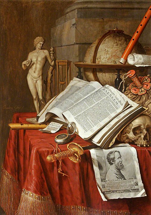 Vanitas Still Life with a Statuette of an Antique Athlete and a Print of Michelangelo, 1675, Edwaert Collier