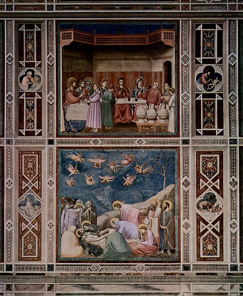 Wedding at Cana (top) and Lamentation (bottom), 1305, Giotto
