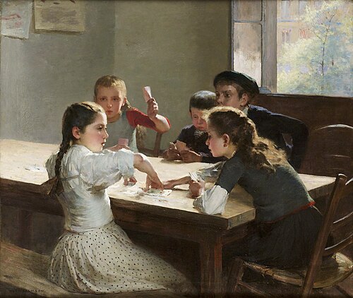 Interior with children playing cards, 1894, Hugo Salmson