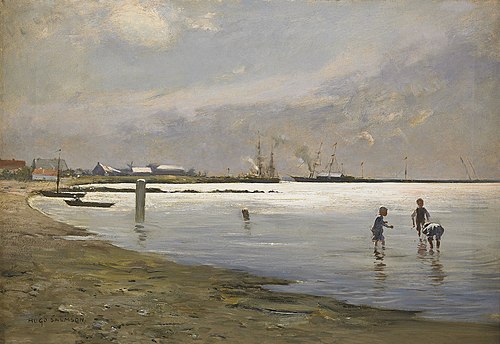Lekande pojkar i vattenbrynet - motiv från Trelleborgs hamn, , Hugo Salmson