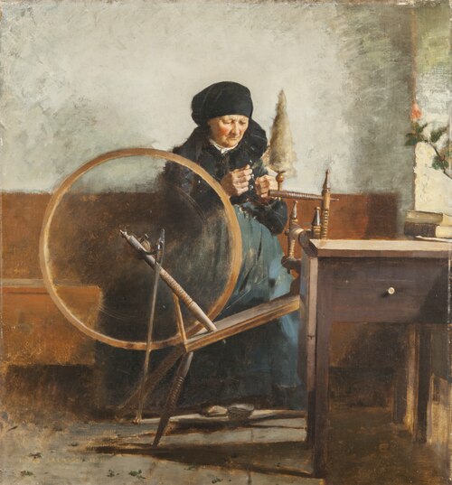 At the Spinning Wheel, 1883, Hugo Salmson