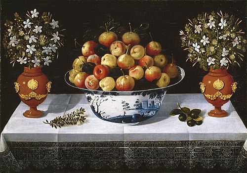 Delft Fruit Bowl and two Vases of Flowers, 1642, Tomás Yepes