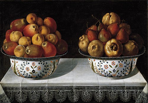 Two Fruit Bowls on a table, 1642, Tomás Yepes