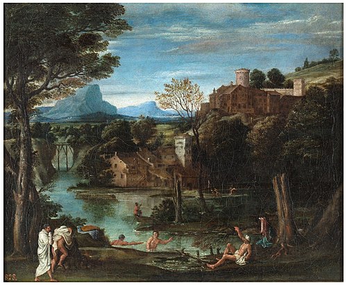 Landscape with river and bathers, 1550, Annibale Carracci