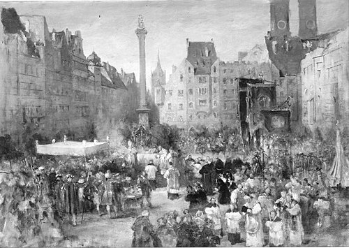 Fronleichnamsprozession auf dem Marienplatz in München, 1884, Ludwig von Hagn