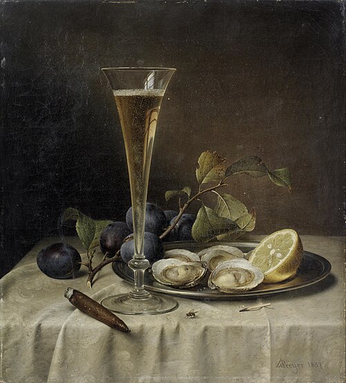 Still life with champagne and oysters, 1857, Johann Wilhelm Preyer
