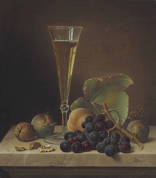 Still Life of Fruit, Walnuts and a Champagne Flute on a Marble Ledge, , Johann Wilhelm Preyer