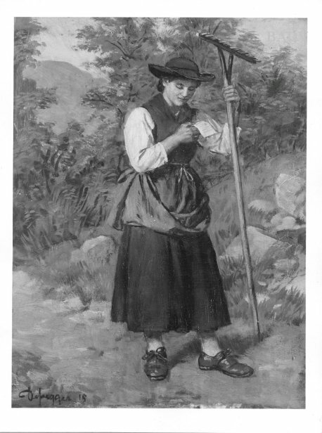 Girl with rake + letter, 1915, Franz Defregger