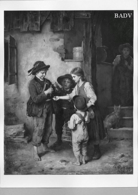 Children with a bird + cage., 1874, Franz Defregger