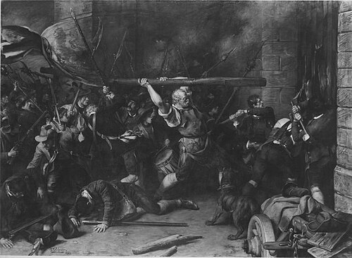 Die Erstürmung des Roten Turmes in München durch die Oberländer Bauern am Weihnachtsmorgen 1705, 1881, Franz Defregger