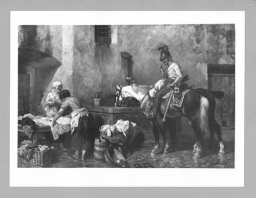 women + officer on horseback at a fountain, 1904, Wilhelm von Diez