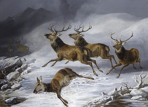Five Stags fleeing and a Dead Doe lying in the Snow, 1859, Byron Webb