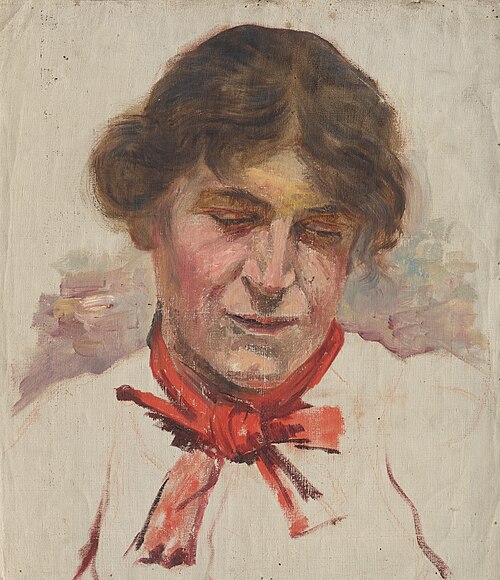 Štúdia ženskej hlavy s červenou mašľou, 1890, Aurel Ballo