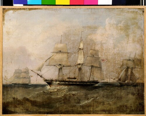 HMS 'Pearl' capturing the 'Vengador', 1840, William Adolphus Knell