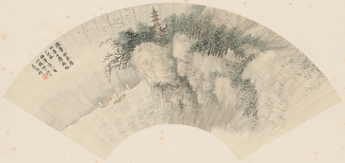 吴穀祥仿梅道人山水扇, , Wu Guxiang