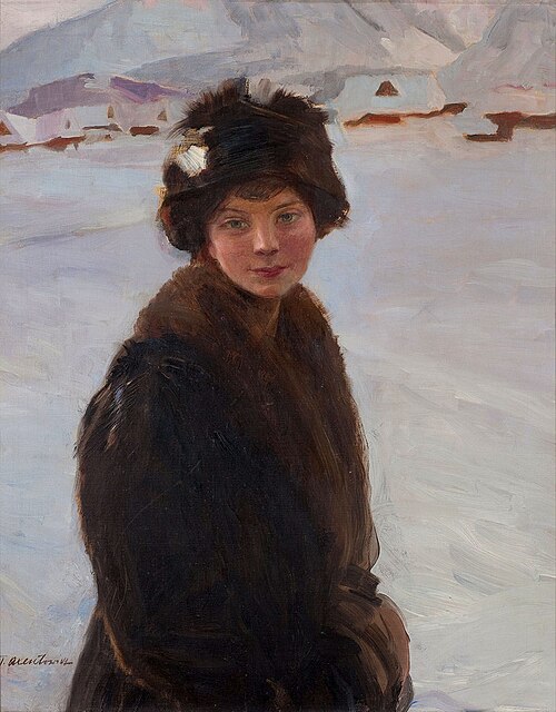 Portret młodej dziewczyny na tle zimowego krajobrazu, 1920, Teodor Axentowicz