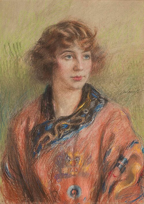 Portret kobiety w chińskiej ślubnej szacie kobiecej "longpao", 1920, Teodor Axentowicz