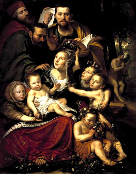 Portrait of a family as Caritas with a self-portrait of the artist; in the background John the Bapti, 1623, Werner van den Valckert