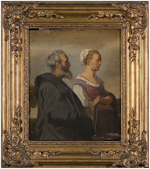 Halffiguren van een vrouw en een oude man in landschap, fragment, 1635, Lambert Jacobsz