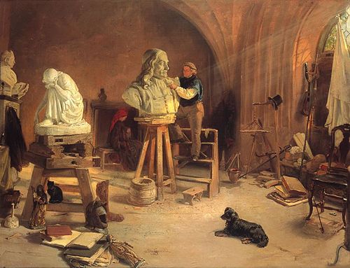 Freitag rzeźbiący popiersie Heweliusza, 1870, Wilhelm August Stryowski