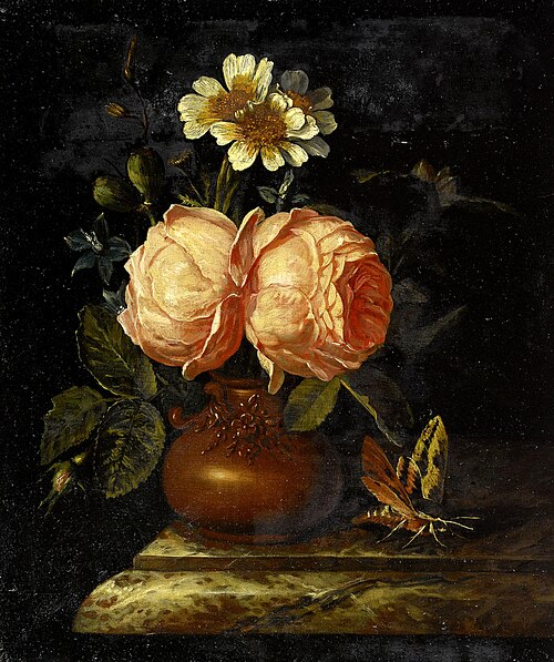 Roses in an earthenware vase on a marble ledge, 1706, Willem Frederiksz van Royen