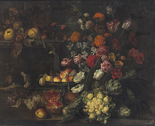 Bouquet of flowers, fruit and vegetables on an entablature, 1657, Guilliam Gabron