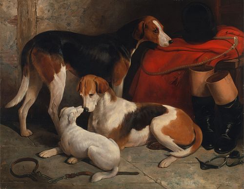 A Couple of Foxhounds with a Terrier, the property of Lord Henry Bentinck, 1845, William Barraud