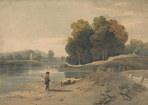 River Scene with Boy and Sheep, , William Havell