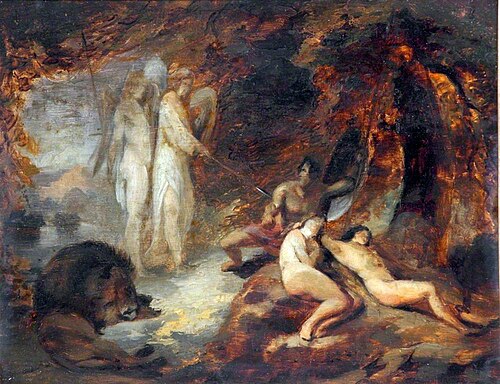 The Angels Ithuriel and Zephon Finding Satan at the Ear of Eve, 1845, William Huggins