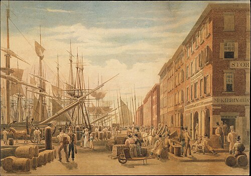 View of South Street, from Maiden Lane, New York City, 1827, William James Bennett