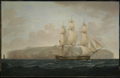 A Royal Navy two-decker off St Helena, 1826, William John Huggins