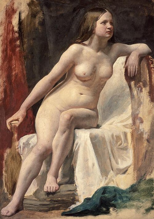 A Life Study of a Female Nude Model Seated on White Drapery, 1854, William McTaggart
