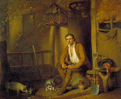 A Cottage Exterior: A Seated Labourer Filling His Pipe, 1793, William Redmore Bigg