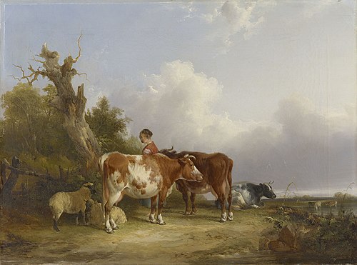 "A Group from Nature": a Dairymaid with Sheep and Cattle in a Landscape, 1845, William Shayer