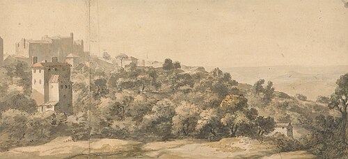 An Italian Landscape: village on a hill left, hillside sloping towards right, with distant valley be, , William Taverner