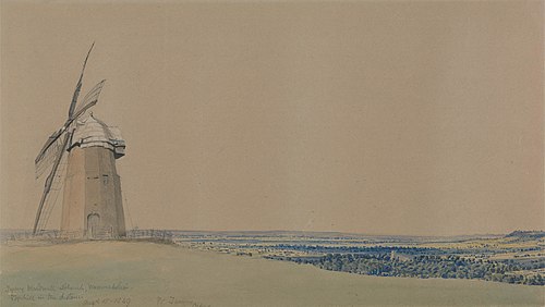 Tysoe Windmill and Church, Warwickshire, 1849, William Turner of Oxford